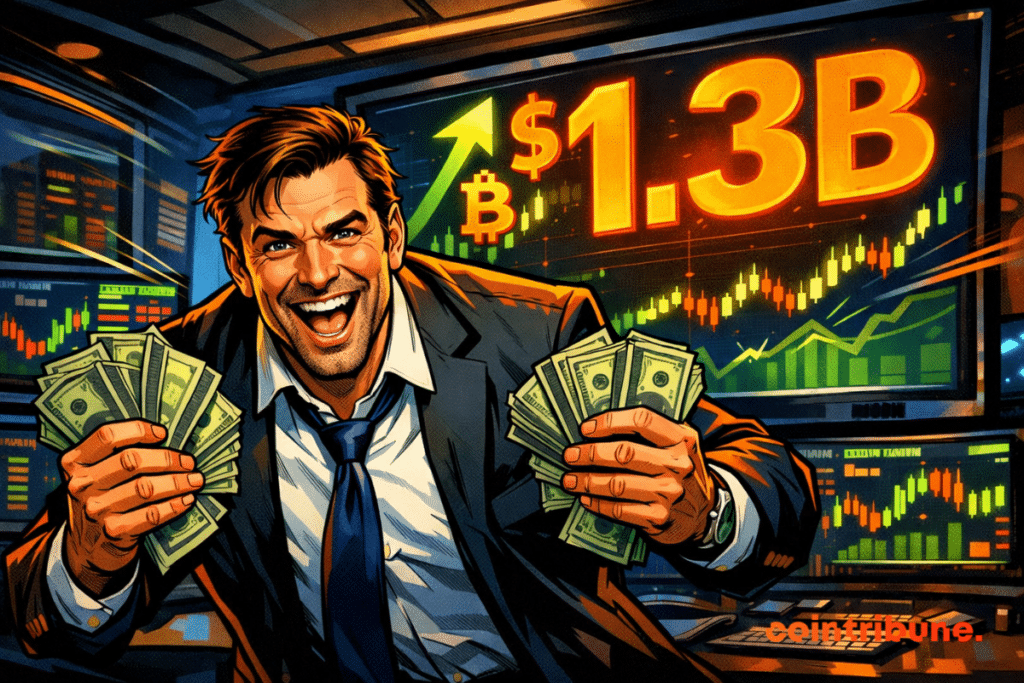 Homme en costume exultant, tenant des billets, devant écran Bitcoin montant à 1,3 milliard $, style comics 70s, couleurs orange et rouge.