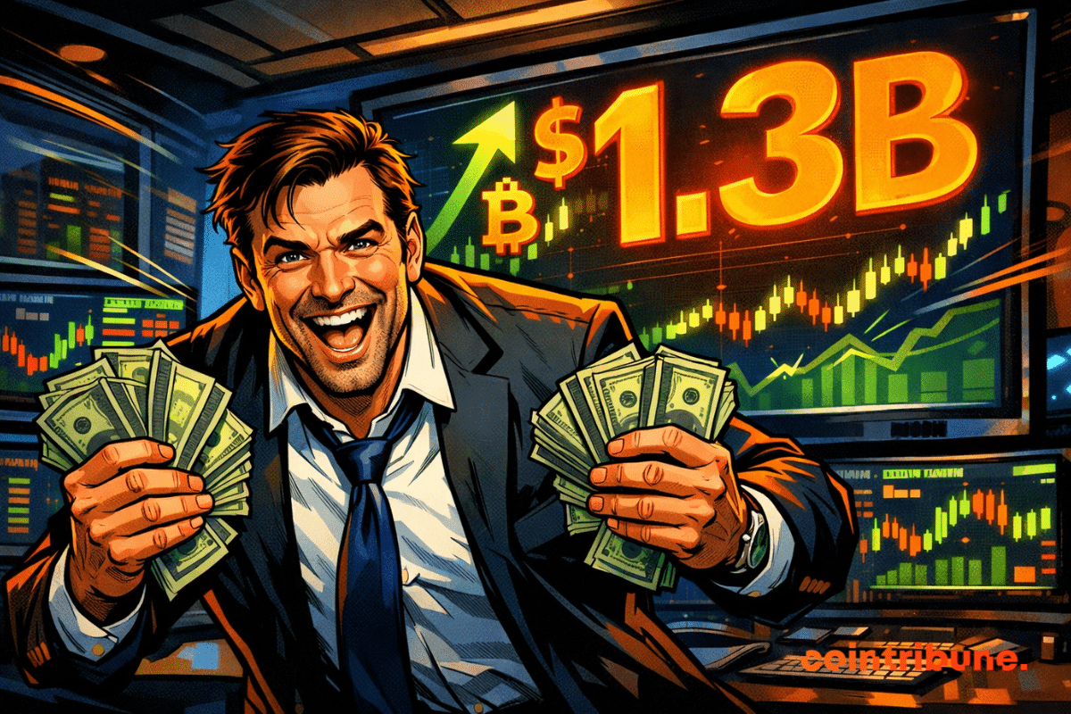 Homme en costume exultant, tenant des billets, devant écran Bitcoin montant à 1,3 milliard $, style comics 70s, couleurs orange et rouge.