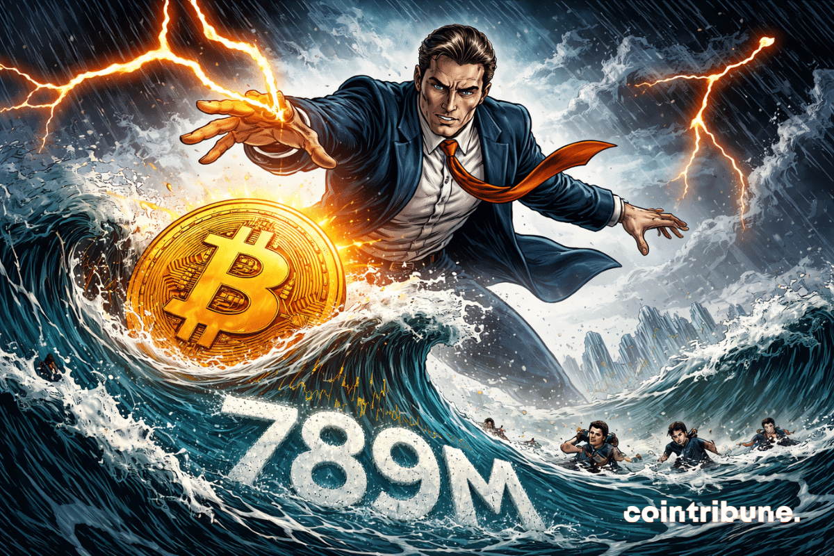Giant bank weathering the crypto storm, Bitcoin under tight control, investors overwhelmed, orange flashes, chaotic waves forming the number 789, extreme tension, institutional power on full display