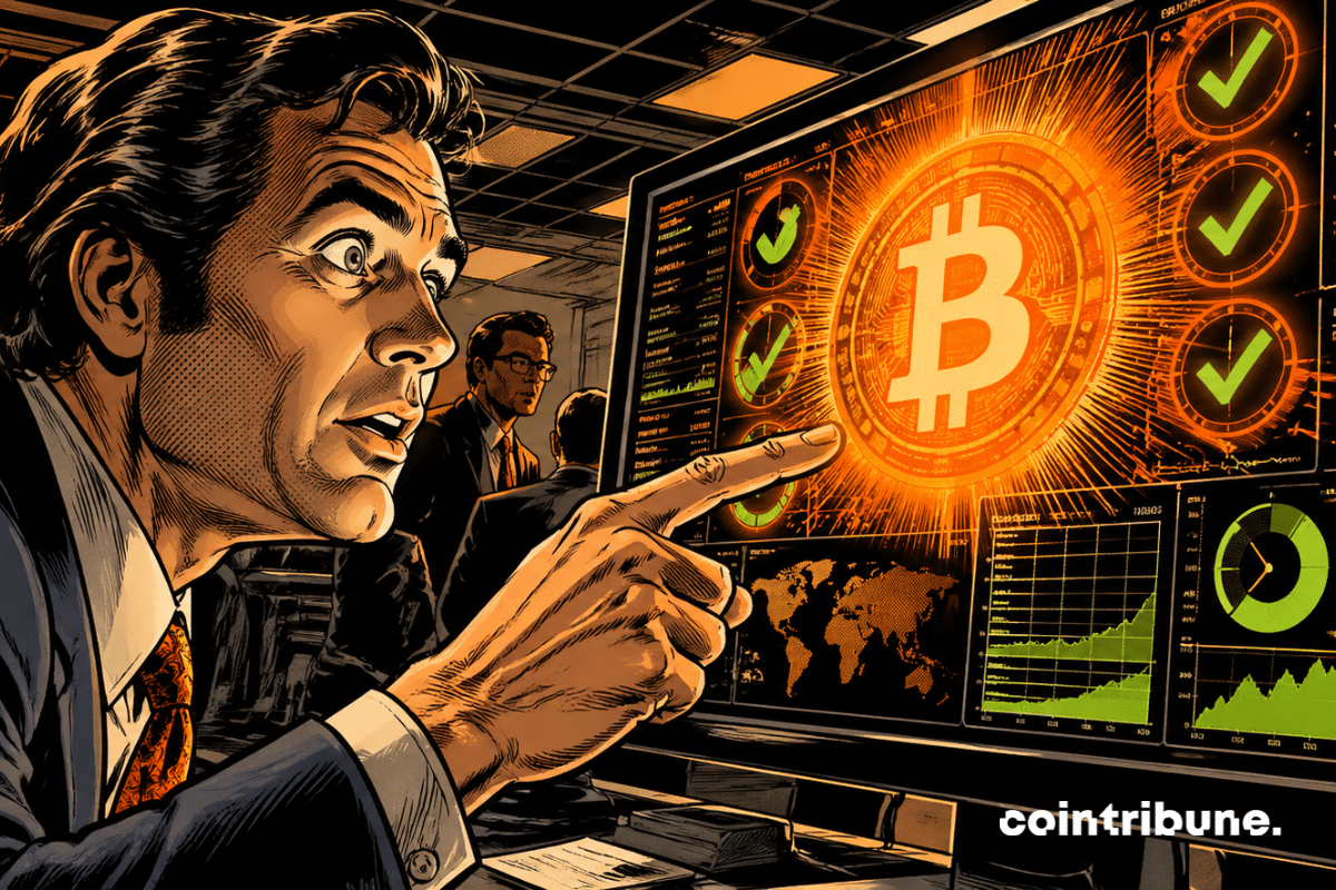 A shocked analyst points to a bright Bitcoin, with indicators in the green, explosive charts, a dramatic atmosphere, and tension and imminent opportunity visible everywhere