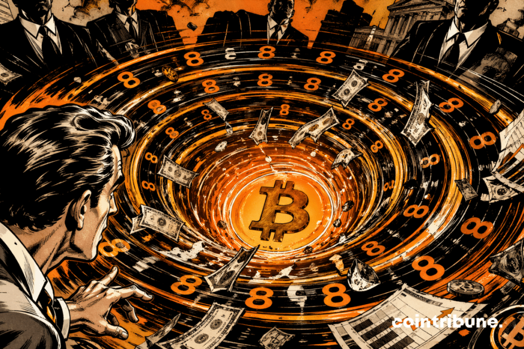 A massive financial vortex is sucking dollars and institutions toward a red-hot Bitcoin, symbolizing eight days of massive accumulation and market power