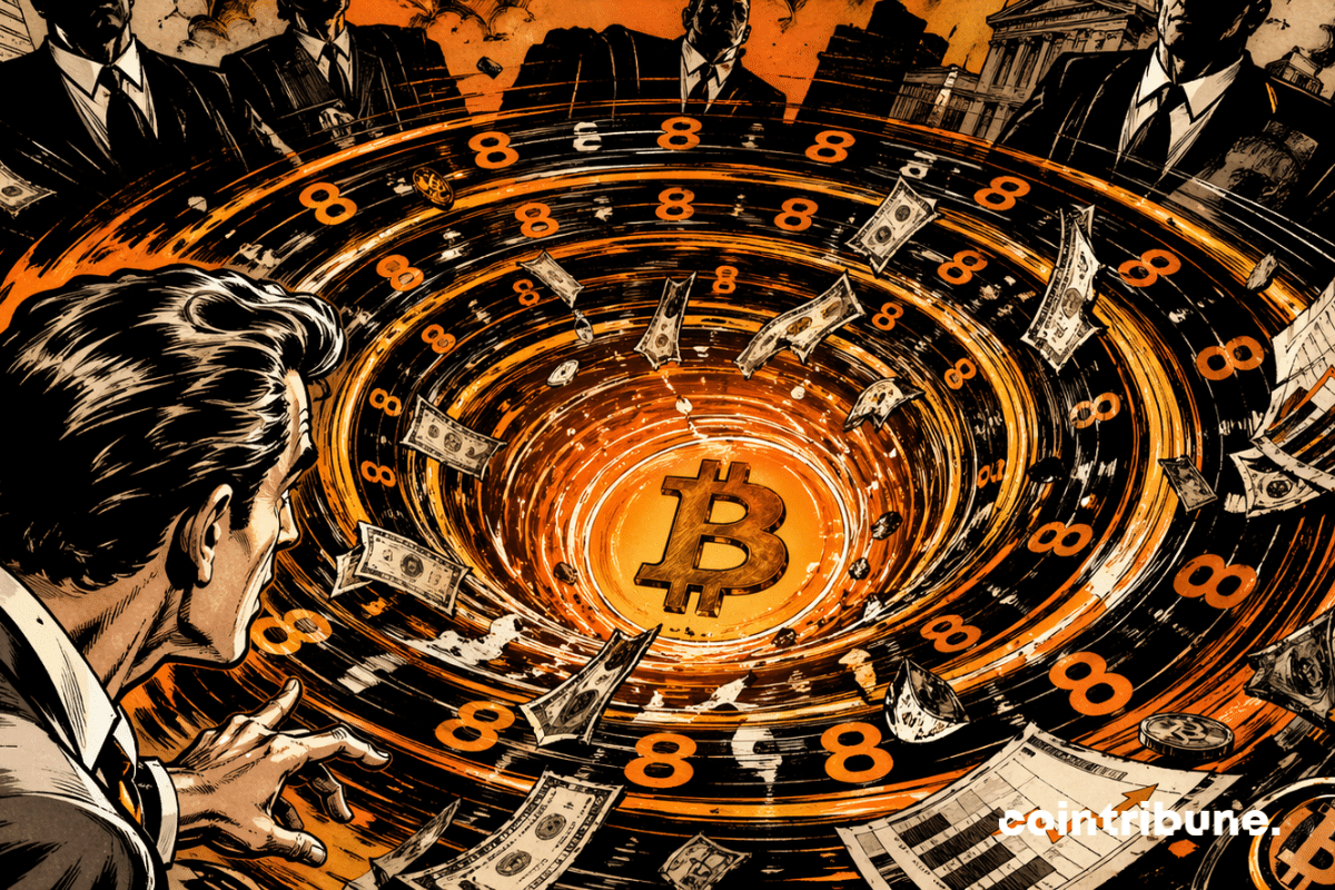 Vortex financier géant aspire dollars et institutions vers un Bitcoin incandescent, symbolisant huit jours d'accumulation massive et puissance du marché