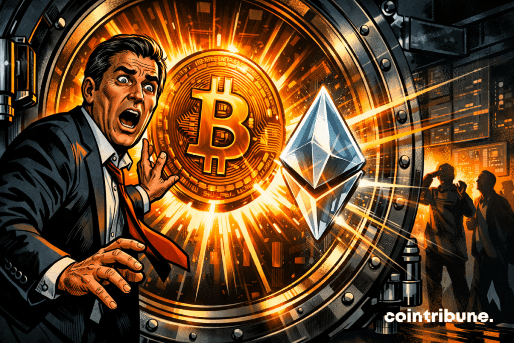 A stunned banker discovers Bitcoin and Ethereum spilling out of a safe—a dramatic symbol of crypto’s adoption by the traditional financial sector.