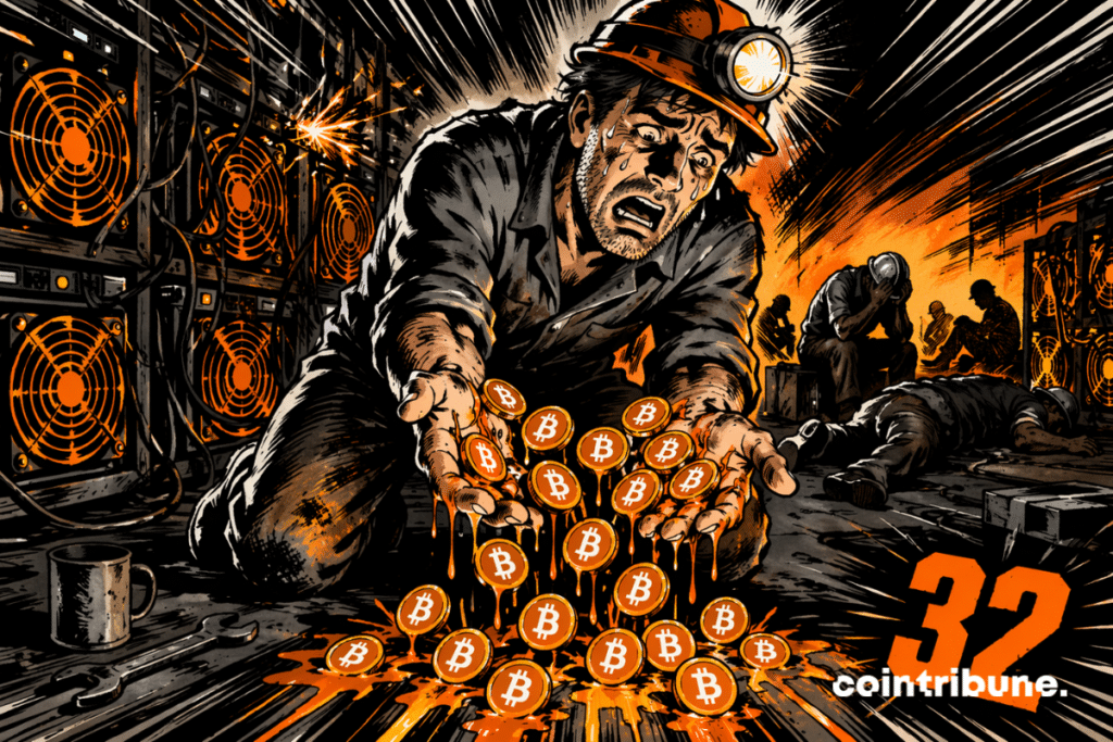 An exhausted miner lets melting bitcoins slip away under extreme pressure