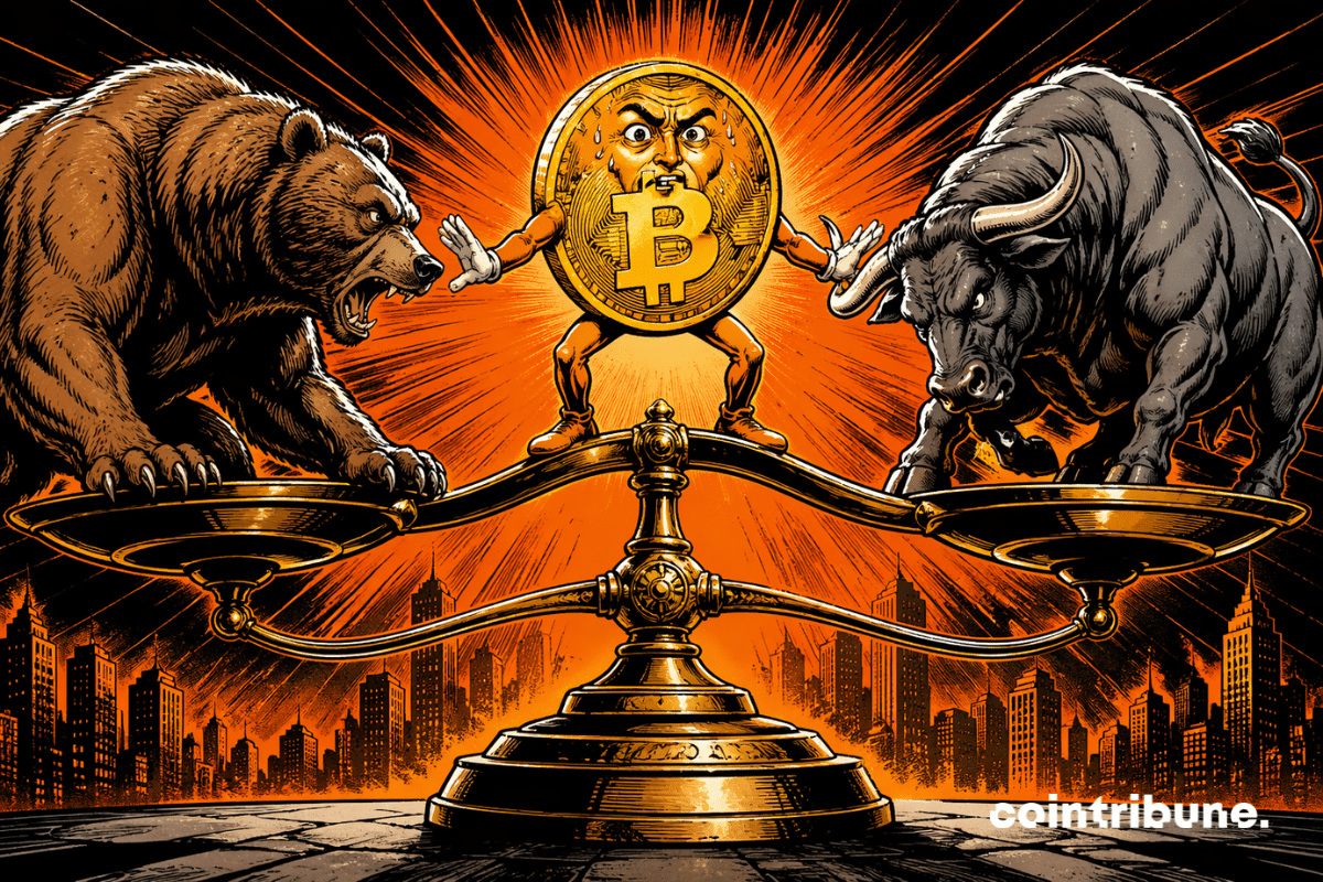 An anthropomorphized Bitcoin character balancing on a scale, with a bear and a bull facing off, set against a dramatic orange urban backdrop in a 1970s comic book style