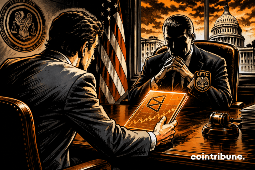 Un négociateur crypto de Polymarket tend un dossier lumineux face à un régulateur de CFTC sombre, tension intense dans un bureau américain dramatique officiel