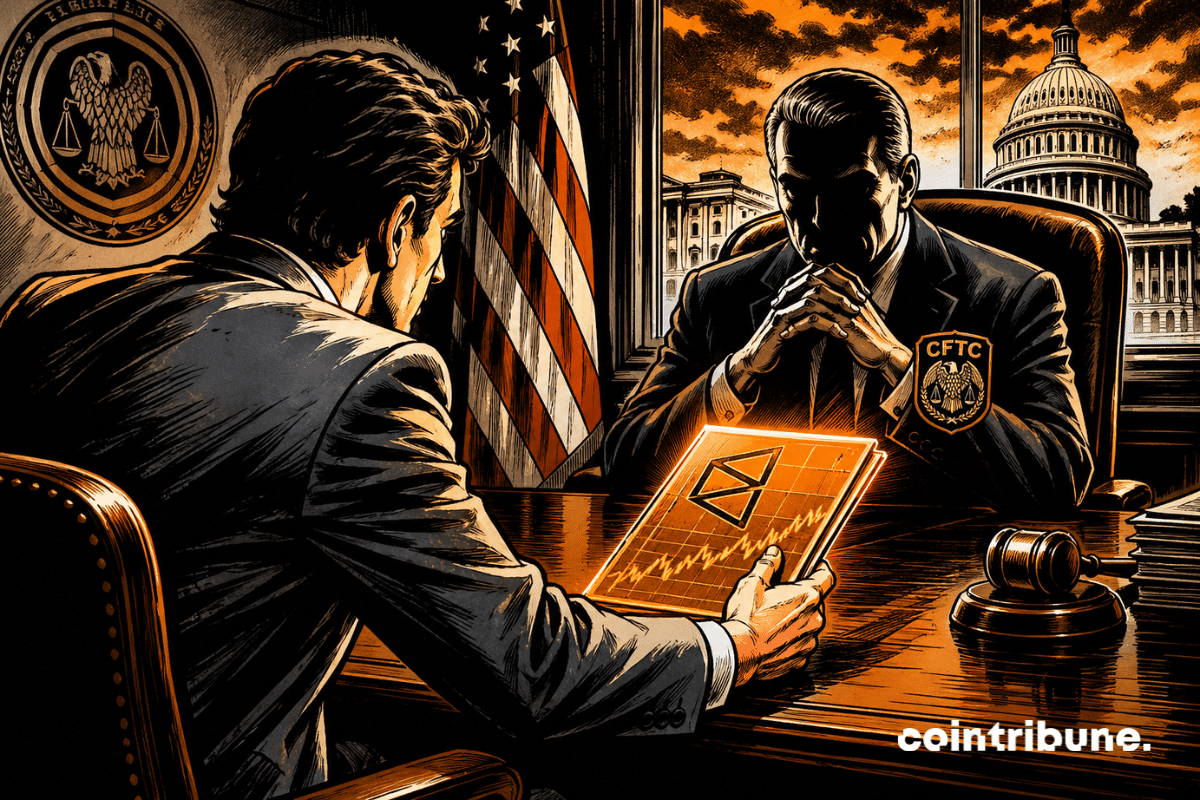 Un négociateur crypto de Polymarket tend un dossier lumineux face à un régulateur de CFTC sombre, tension intense dans un bureau américain dramatique officiel