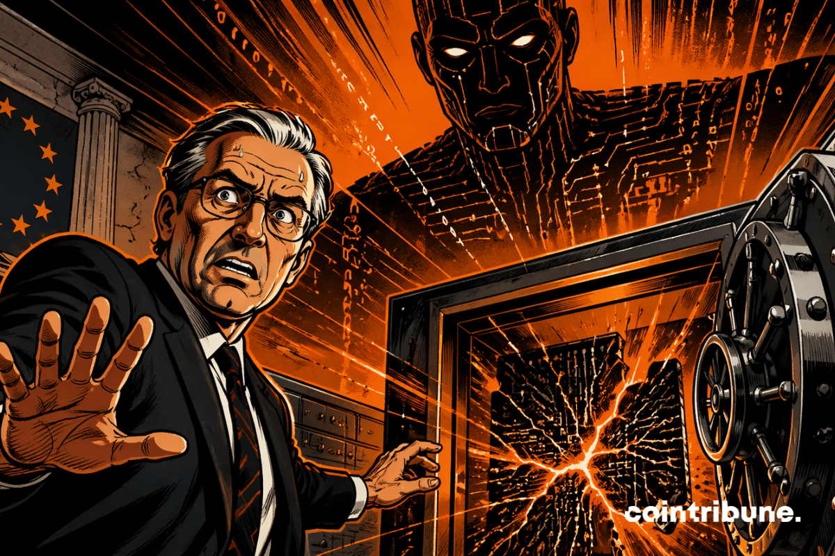 Banquier paniqué face à un coffre numérique fissuré, dominé par une IA menaçante, symbolisant la vulnérabilité des banques européennes face aux cyberattaques.