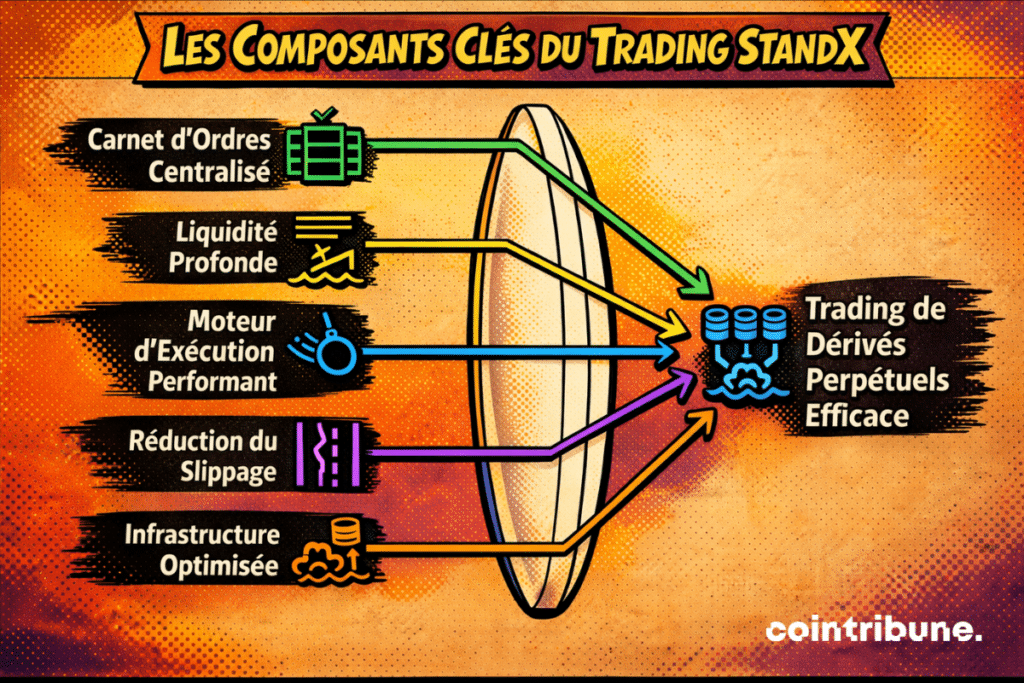Infographie expliquant les principaux éléments qui soutiennent un trading de dérivés perpétuels efficace sur StandX. Cinq composantes sont présentées à gauche avec leurs icônes respectives : un carnet d’ordres centralisé, une liquidité profonde, un moteur d’exécution performant, une réduction du slippage et une infrastructure optimisée. Chaque élément est relié par une flèche colorée à un bloc final à droite, montrant que ces briques techniques convergent vers une exécution plus fluide et plus efficace des dérivés perpétuels.
