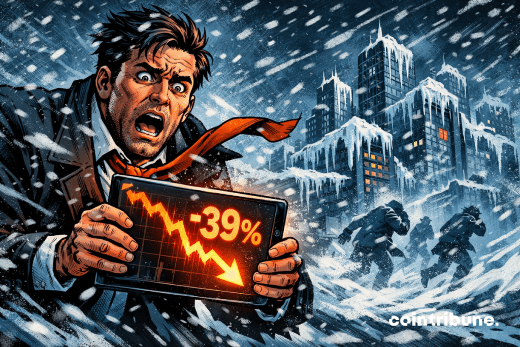 Panicked crypto trader faces a freezing storm; a glowing screen displays a 39% drop; frozen city silhouettes flee the intense, dramatic, and bleak winter financial chaos