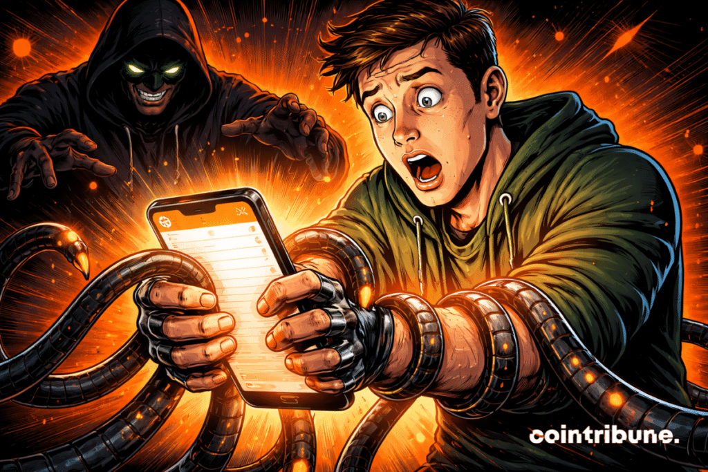 Un usuario de criptomonedas aterrorizado ve cómo su smartphone despliega tentáculos mecánicos mientras un hacker malicioso maneja la trampa digital de color naranja brillante