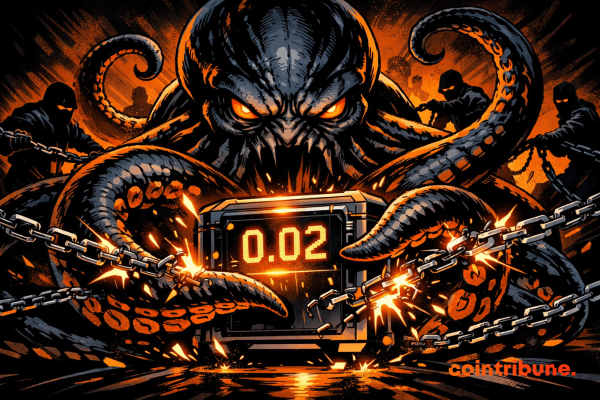 Un Kraken géant brise des chaînes et protège un coffre crypto lumineux