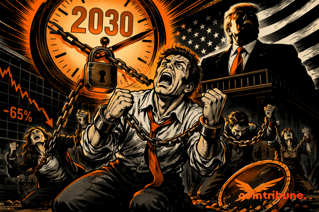 Inversores cripto encadenados gritan bajo un reloj “2030” controlado por un líder oscuro