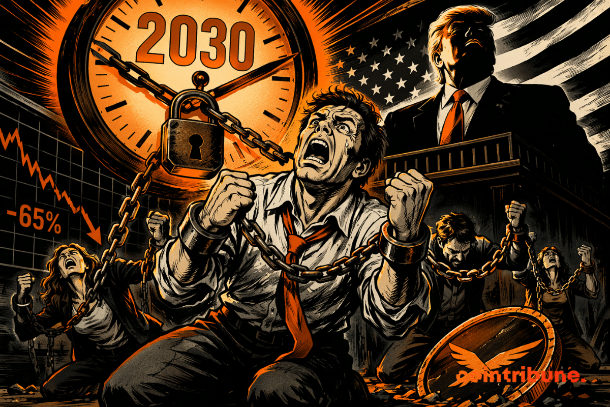 Des investisseurs crypto enchaînés hurlent sous une horloge « 2030 » contrôlée par un dirigeant sombre