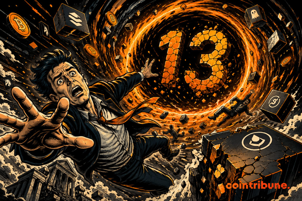 A panicked DeFi investor is sucked into a crypto vortex showing billion lost