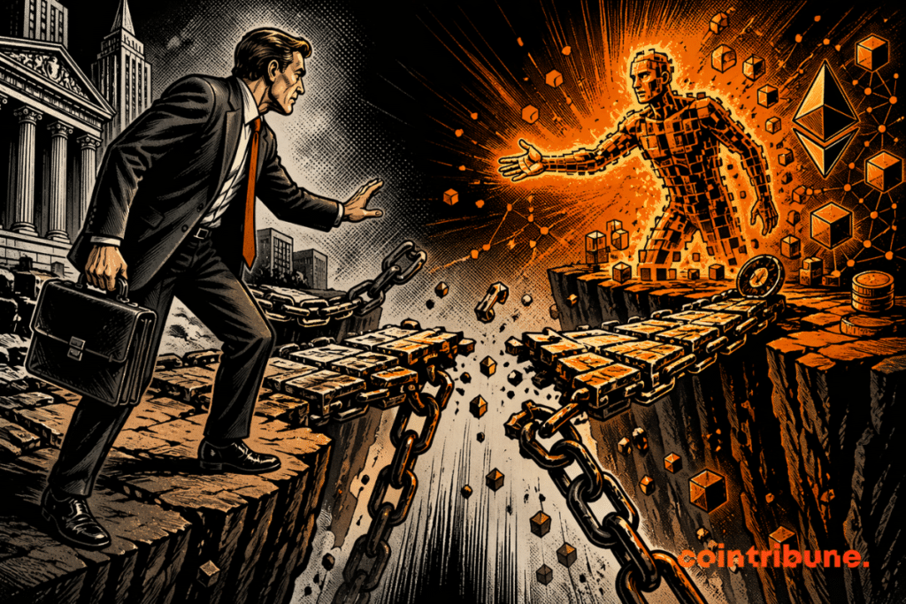 Un banquier hésite face à la DeFi sur un pont blockchain crypto brisé