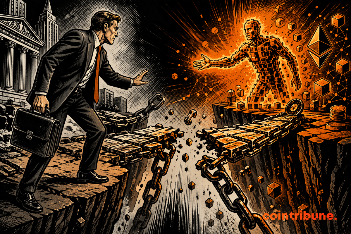 Un banquier hésite face à la DeFi sur un pont blockchain crypto brisé