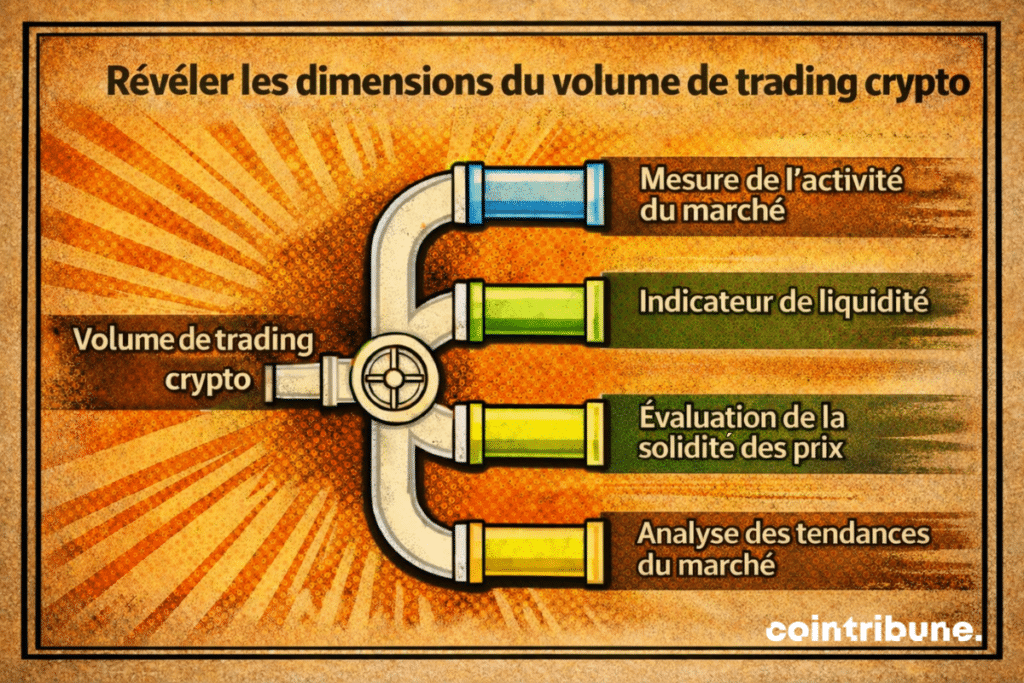Infographie montrant le volume de trading crypto comme un indicateur central qui se divise en quatre fonctions d’analyse du marché. À partir d’un conduit principal, quatre branches illustrent ses usages : mesure de l’activité du marché, indicateur de liquidité, évaluation de la solidité des prix et analyse des tendances du marché. La composition visuelle met en avant le rôle du volume de trading comme point de départ pour comprendre la dynamique globale du marché crypto.