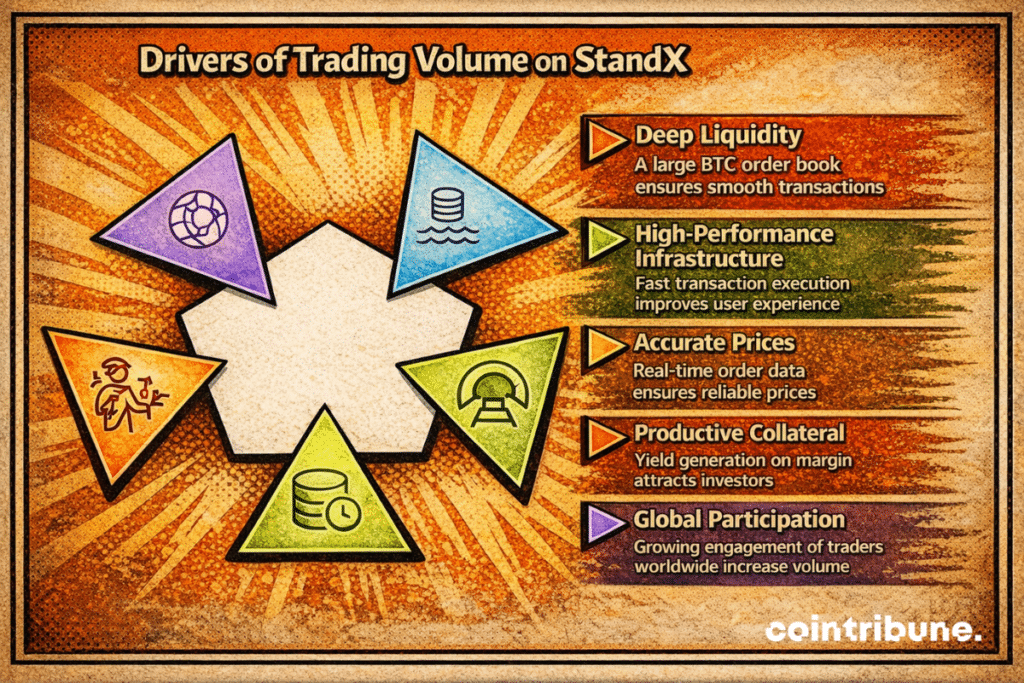 An infographic showing the main factors that affect trading volume on StandX, such as deep liquidity, high-performance infrastructure, accurate pricing, productive collateral, and global participation, displayed as connected parts around a central point.