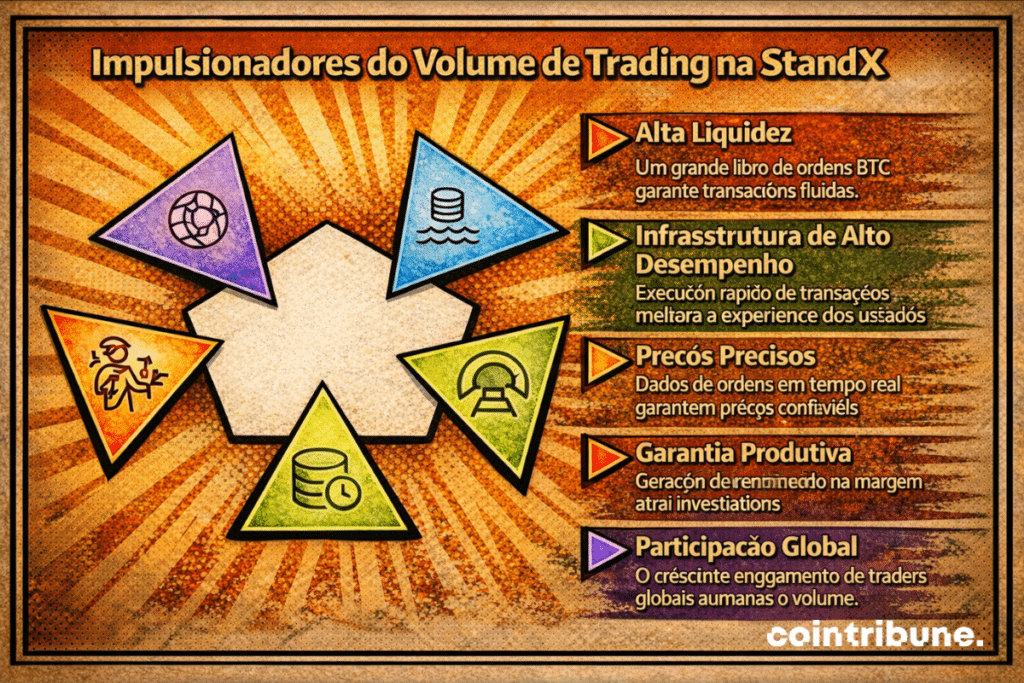 Um infográfico mostrando os principais fatores que afetam o volume de negociações na StandX, como liquidez profunda, infraestrutura de alto desempenho, precificação precisa, colateral produtivo e participação global, exibidos como partes conectadas em torno de um ponto central.