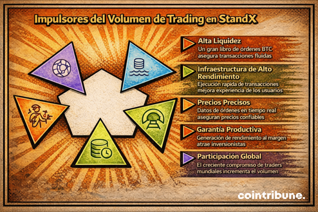 Una infografía que muestra los principales factores que afectan el volumen de operaciones en StandX, como liquidez profunda, infraestructura de alto rendimiento, precios precisos, colateral productivo y participación global, mostrados como partes conectadas alrededor de un punto central.