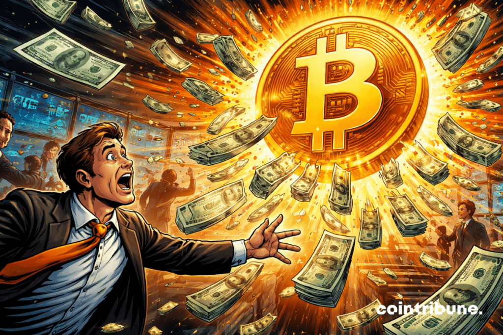 Un operador presa del pánico atraído por un enorme Bitcoin incandescente, un vórtice que absorbe billetes, un ambiente explosivo, una intensa energía naranja, una sala de operaciones caótica, euforia financiera.