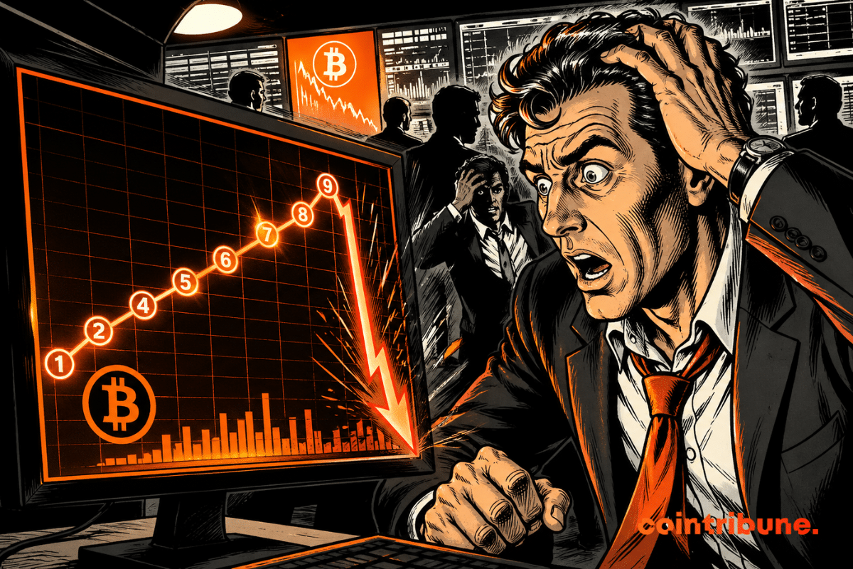 Trader paniqué observe graphique Bitcoin chutant brutalement après neuf hausses, ambiance sombre, style comics années 70, contrastes orange noir intenses