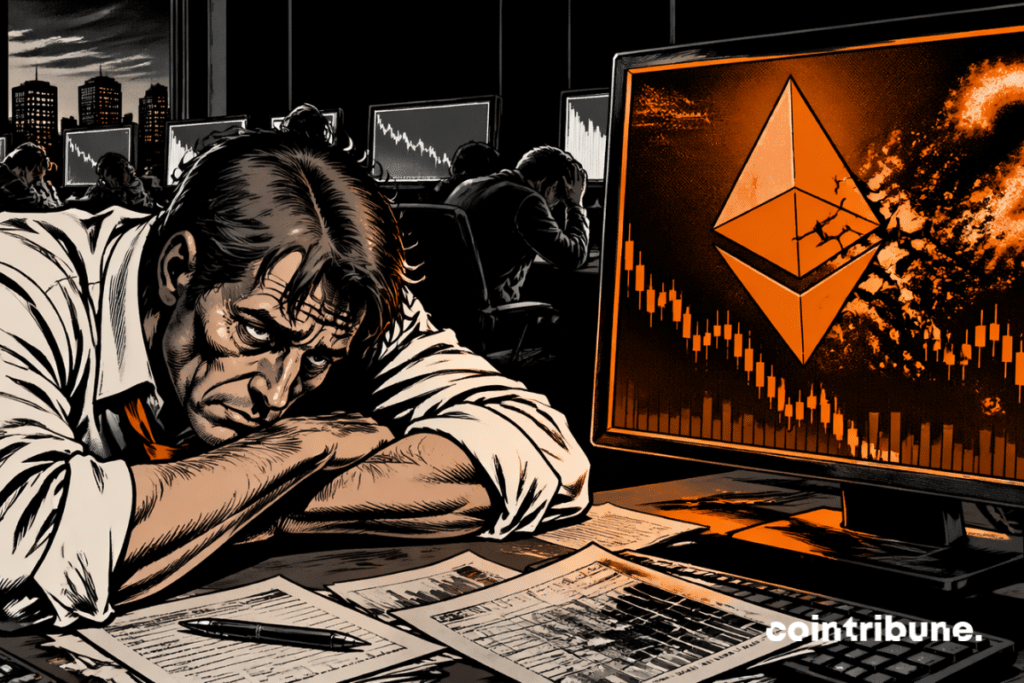 Exhausted trader watches Ethereum plummet, while figure 2 vanishes amid a heavy, gloomy, apathetic atmosphere