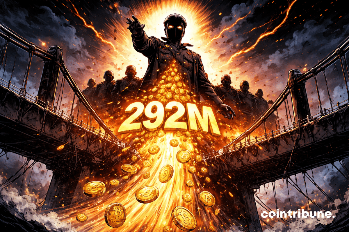 A dramatic 1970s comic-style illustration showing a hacker standing atop a destroyed bridge, surrounded by streams of cryptocurrency and a glowing “292M”