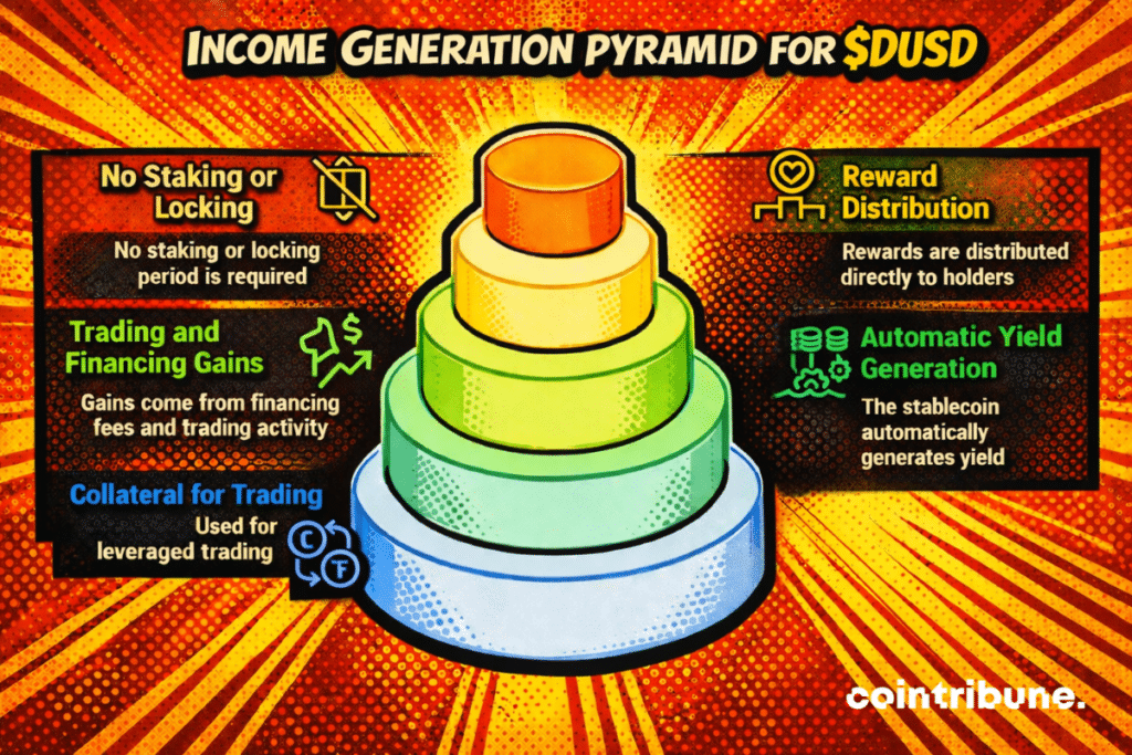 An infographic showing a “$DUSD income generation pyramid.” It highlights no staking required, gains from trading and fees, use as collateral, automatic yield generation, and rewards distributed directly to holders.