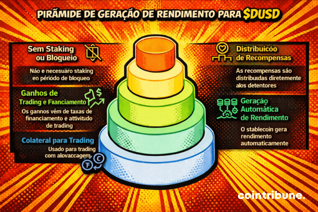 Um infográfico mostrando uma “pirâmide de geração de rendimento para $DUSD.” O infográfico destaca que não é necessário staking, ganhos de trading e taxas, uso como colateral, geração automática de rendimento e recompensas que são distribuídas diretamente aos detentores.