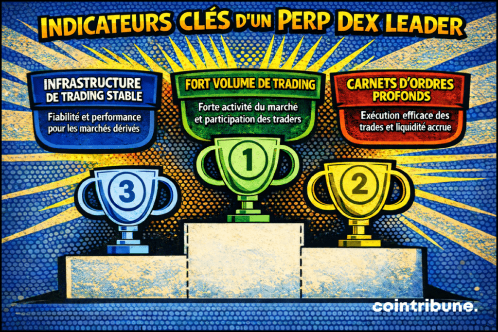 Infographie sous forme de podium présentant trois critères majeurs pour évaluer un Perp DEX de premier plan. La première place est associée à un fort volume de trading, signe d’une activité de marché soutenue et d’une forte participation des traders. La deuxième met en avant des carnets d’ordres profonds, favorisant une exécution efficace des transactions et une liquidité plus importante. La troisième souligne l’importance d’une infrastructure de trading stable, centrée sur la fiabilité et la performance des marchés dérivés.
