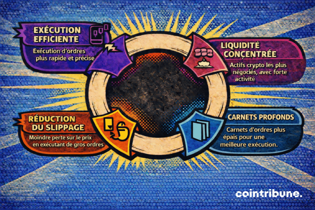 Infographie circulaire mettant en avant quatre effets liés à une meilleure liquidité de marché. Les éléments présentés autour du visuel central sont une exécution plus efficiente, une liquidité concentrée sur les actifs les plus négociés, des carnets d’ordres plus profonds favorisant une meilleure exécution, ainsi qu’une réduction du slippage lors du passage d’ordres importants. L’ensemble illustre le lien entre profondeur de marché, qualité d’exécution et diminution des coûts implicites de trading.