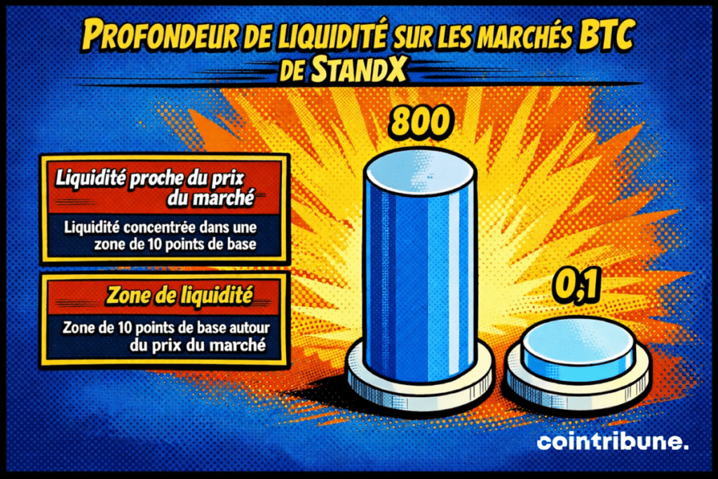 Infographie illustrant la profondeur de liquidité sur les marchés BTC de StandX à l’aide de deux colonnes comparatives. Un encadré explique que la liquidité est concentrée près du prix du marché, dans une zone de 10 points de base autour de ce niveau. La grande colonne marquée 800 met en avant un niveau de liquidité élevé, tandis qu’une colonne plus basse marquée 0,1 sert de point de comparaison visuel. L’ensemble souligne une forte concentration de liquidité à proximité du prix du marché sur StandX.