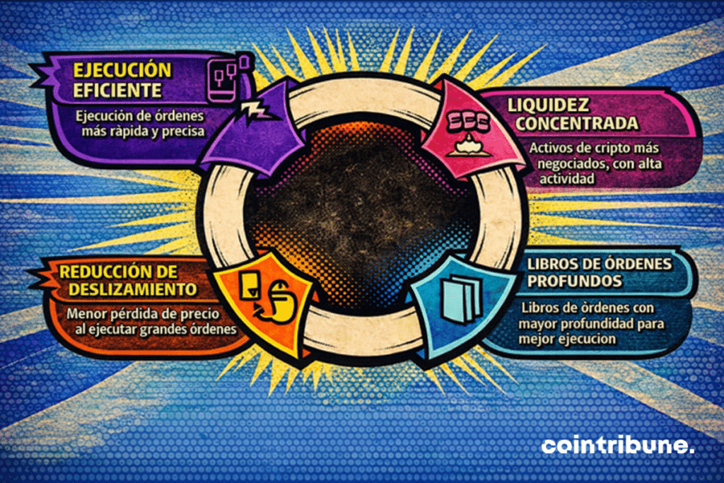 Una infografía que ilustra ventajas clave de trading, incluyendo eficiencia en la ejecución, liquidez concentrada, libros de órdenes profundos y reducción de slippage en mercados de derivados cripto.