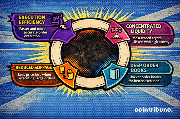 An infographic illustrating key trading advantages, including execution efficiency, concentrated liquidity, deep order books, and reduced slippage in crypto derivatives markets.