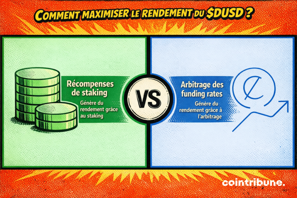 Infographie comparative en deux volets. À gauche, des pièces vertes illustrent les récompenses de staking, présentées comme une source de rendement générée par le staking. À droite, un symbole financier bleu et une courbe ascendante illustrent l’arbitrage des funding rates, présenté comme une source de rendement générée par l’arbitrage. Un cercle central avec “VS” souligne l’opposition entre les deux stratégies.
