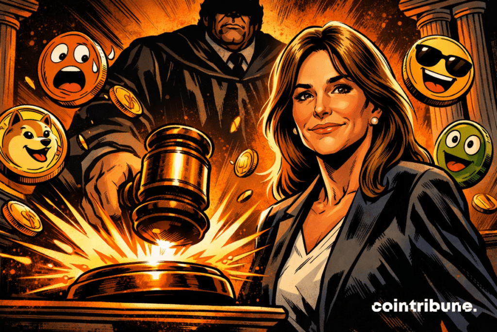 1970s comic book illustration, dramatic courtroom scene, a relieved Caitlyn Jenner, a gavel striking, a stern judge, floating caricature memes, an orange explosion, the visual tension of victory.