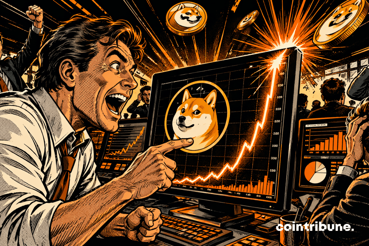 Trader des memecoins exalté pointe écran explosif, memecoin grimpe, collègues paniquent, ambiance électrique, style comics 70s noir orange contrasté intense très dynamique