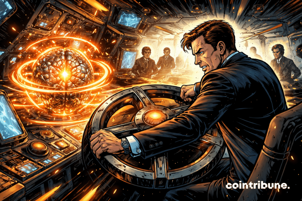 A Meta tech executive is seen sharply turning a futuristic steering wheel, while a glowing AI core illuminates a cockpit bathed in orange light.
