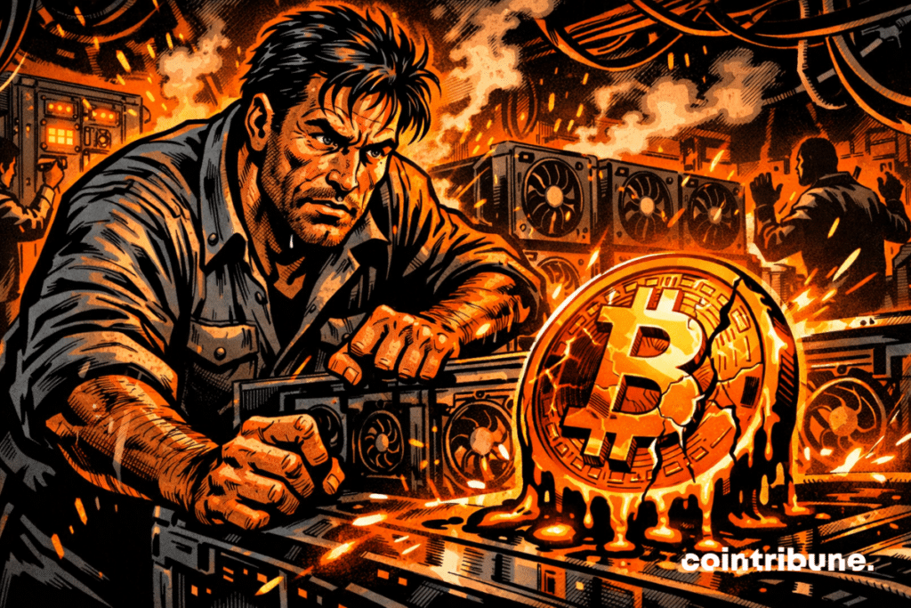 A miner under pressure on an overheated bitcoin farm, facing a drop in profitability, symbolized by a glowing, molten bitcoin.