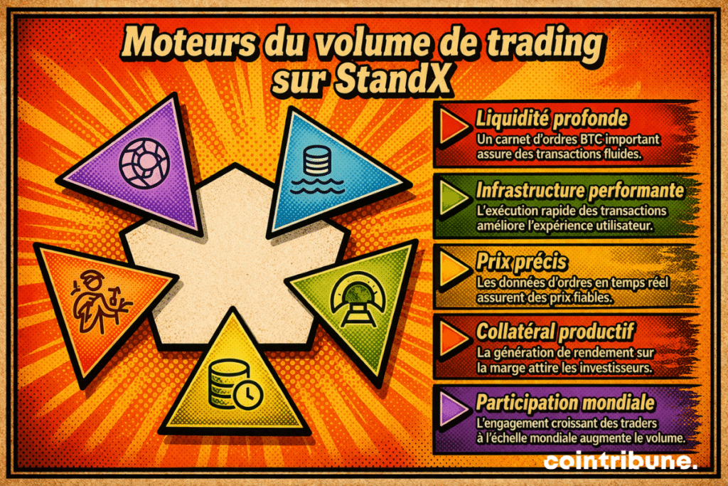 Infographie expliquant les principaux facteurs qui alimentent le volume de trading sur StandX. Une forme centrale en étoile est entourée de cinq éléments visuels reliés à des leviers de croissance : liquidité profonde, infrastructure performante, prix précis, collatéral productif et participation mondiale. Chaque bloc met en avant une dimension du fonctionnement de la plateforme, depuis la fluidité des transactions et la rapidité d’exécution jusqu’à la fiabilité des prix, l’attractivité du rendement sur marge et l’élargissement de la base d’utilisateurs à l’échelle internationale.