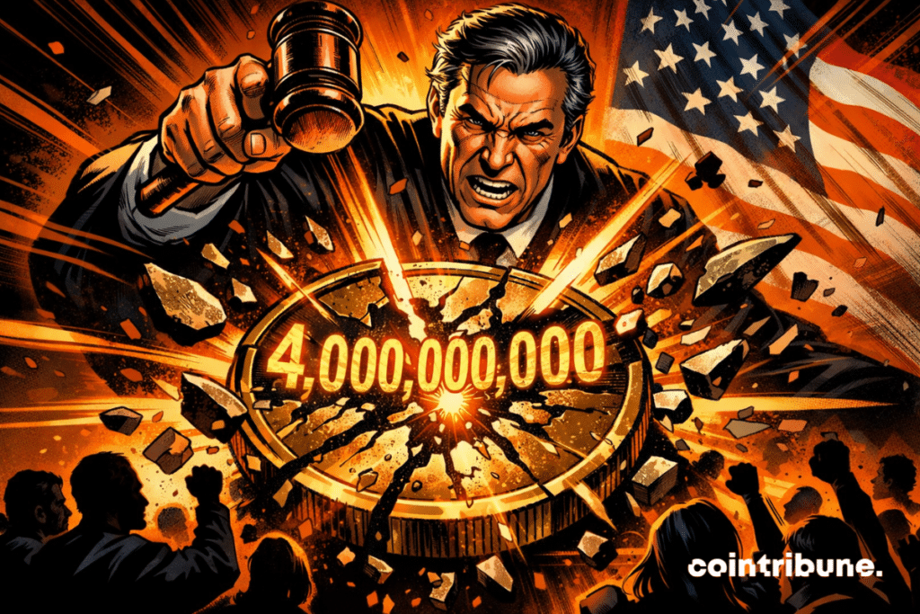 An American judge smashes a OneCoin token; an orange explosion; victims in the shadows; a powerful symbol of justice and massive restitution—4 billion