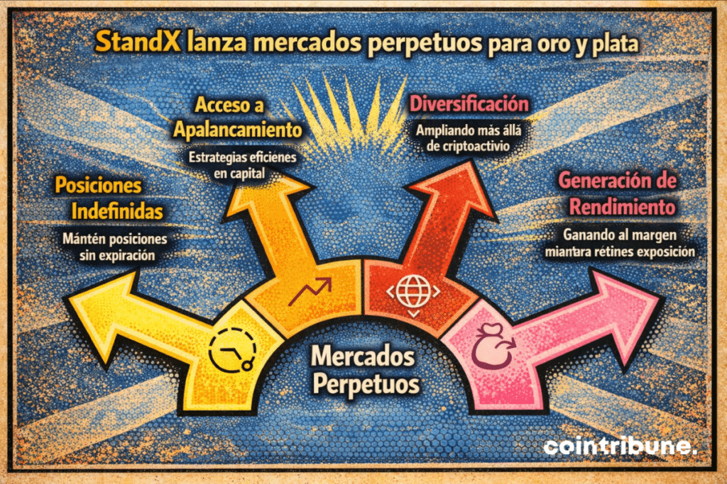 Infografía mostrando que StandX lanza mercados perpetuos para oro y plata, destacando beneficios clave: posiciones indefinidas sin vencimiento, acceso a apalancamiento para eficiencia de capital, diversificación más allá de activos cripto y generación de rendimiento mediante negociación con margen.
