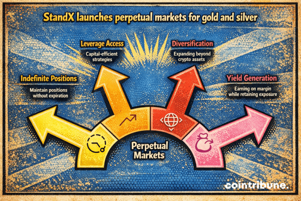 Infographic showing StandX launching perpetual markets for gold and silver, highlighting key benefits: indefinite positions without expiration, leverage access for capital efficiency, diversification beyond crypto assets, and yield generation through margin trading.