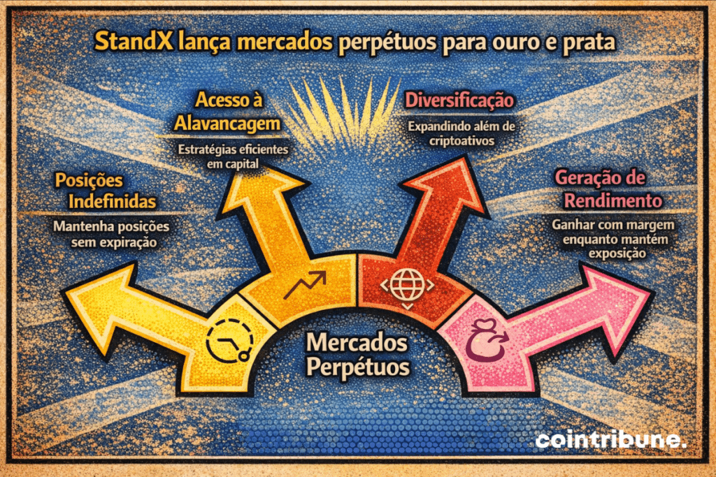 Infográfico mostrando o StandX lançando mercados perpétuos para ouro e prata, destacando benefícios principais: posições indefinidas sem expiração, acesso à alavancagem para eficiência de capital, diversificação além de ativos cripto e geração de rendimento por meio da negociação de margem.