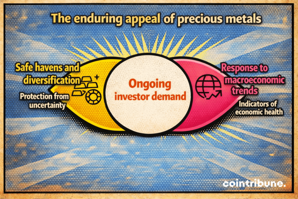 An infographic showing why precious metals are still popular, emphasizing that investors want them because they are safe, help diversify investments, and react to big economic changes.
