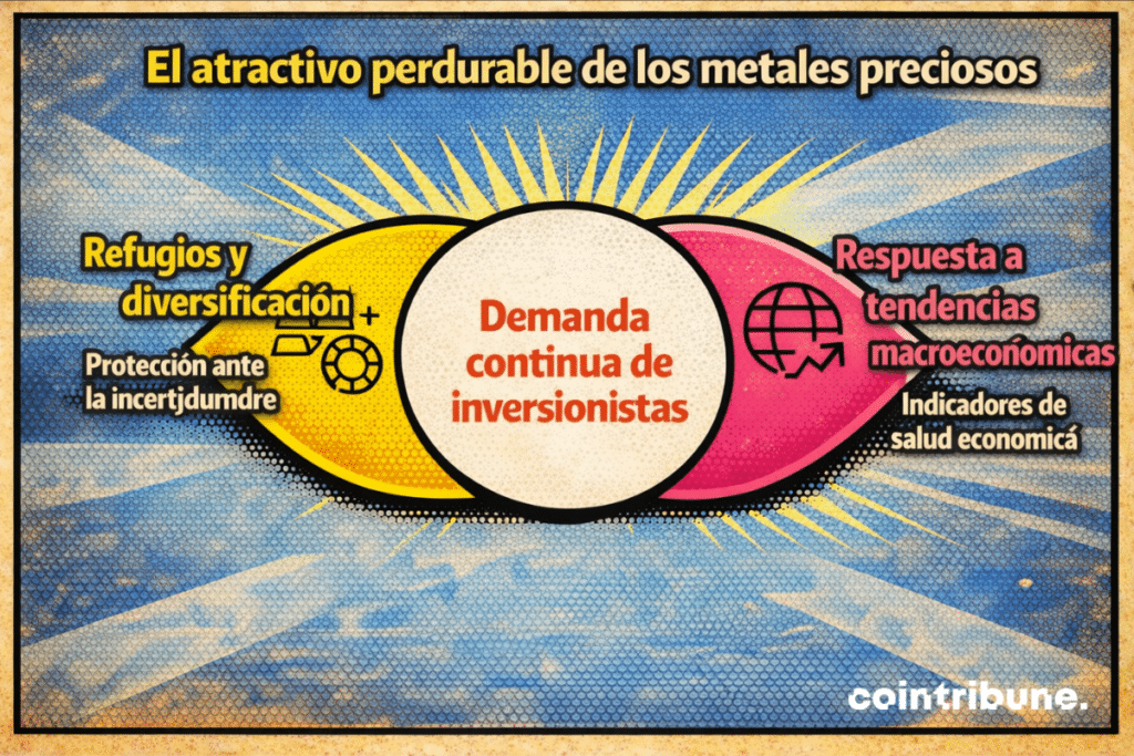 Una infografía que muestra por qué los metales preciosos siguen siendo populares, enfatizando que los inversores los quieren porque son seguros, ayudan a diversificar inversiones y reaccionan a grandes cambios económicos.