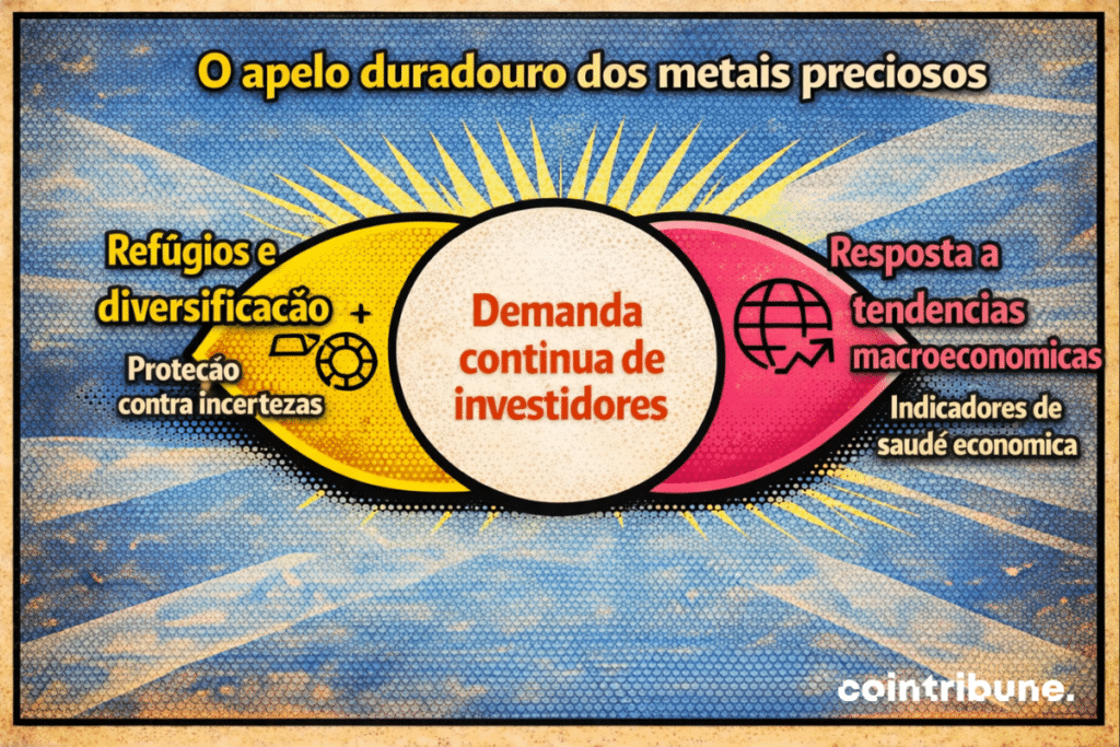 Um infográfico mostrando por que metais preciosos ainda são populares, enfatizando que investidores os querem porque são seguros, ajudam a diversificar investimentos e reagem a grandes mudanças econômicas.