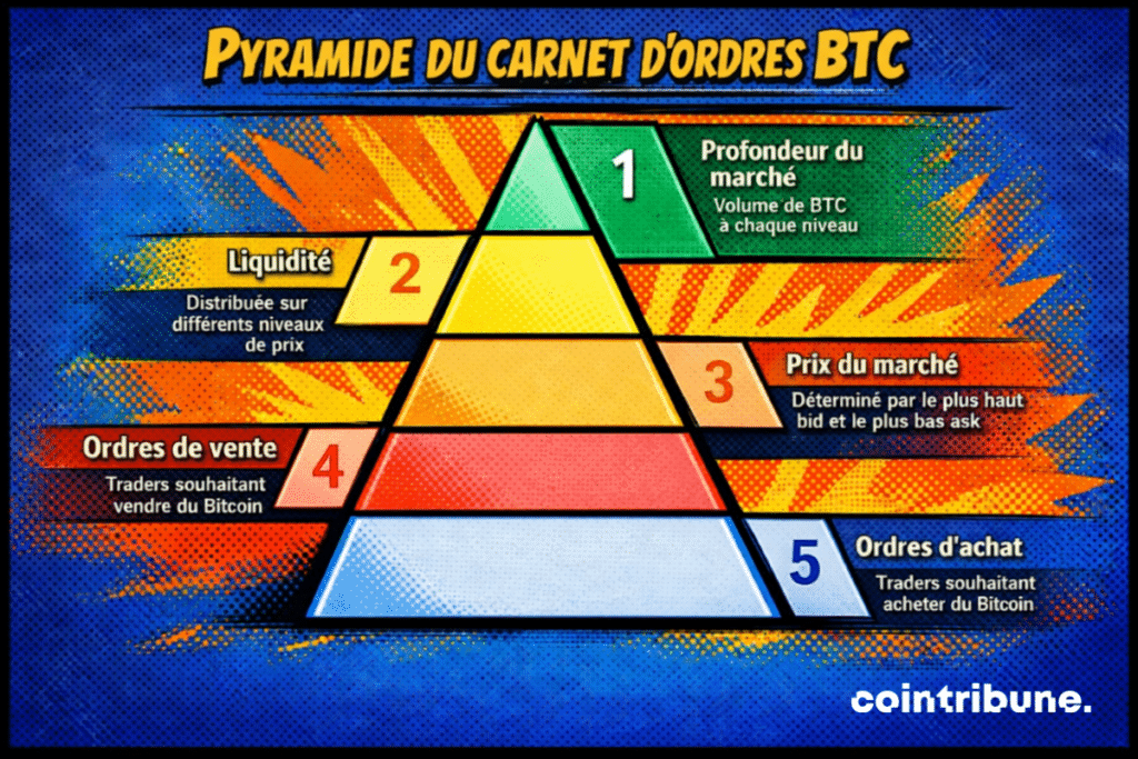 Infographie en forme de pyramide expliquant les principaux éléments d’un carnet d’ordres BTC. La partie supérieure met en avant la profondeur du marché, c’est-à-dire le volume de bitcoin disponible à chaque niveau. Les niveaux intermédiaires illustrent la liquidité répartie sur différents prix ainsi que le prix du marché, défini par la meilleure offre d’achat et la meilleure offre de vente. La base distingue les ordres de vente d’un côté et les ordres d’achat de l’autre, représentant les intentions des traders de vendre ou d’acheter du bitcoin.